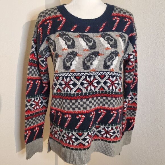 Abercrombie&Fitch Penguin Candy Cane Wool Blend Holiday Sweater Size Medium - Picture 1 of 13